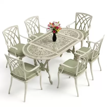 Oval Masa E:75 x D:150 x Y:72 cm 6 Kişilik kollu modern alüminyum döküm masa ve sandalye takımı yeşil patina