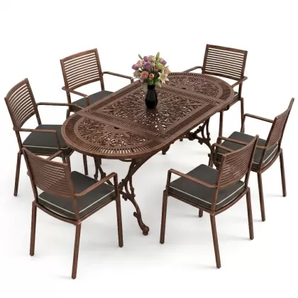 Oval Masa E:75 x D:150 x Y:72 cm 6 Kişilik modern alüminyum döküm masa ve sandalye takımı bakır eskitme