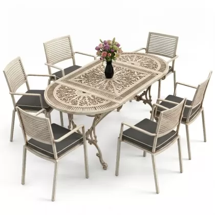 Oval Masa E:75 x D:150 x Y:72 cm 6 Kişilik modern alüminyum döküm masa ve sandalye takımı beyaz eskitme