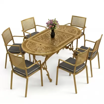 Oval Masa E:75 x D:150 x Y:72 cm 6 Kişilik modern alüminyum döküm masa ve sandalye takımı gold altın