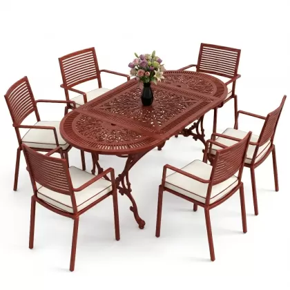 Oval Masa E:75 x D:150 x Y:72 cm 6 Kişilik modern alüminyum döküm masa ve sandalye takımı kiremit kırmızı