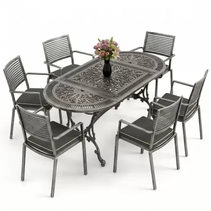 Oval Masa E:75 x D:150 x Y:72 cm 6 Kişilik modern alüminyum döküm masa ve sandalye takımı silver gümüş