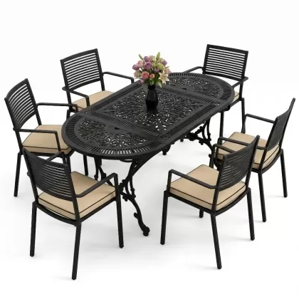 Oval Masa E:75 x D:150 x Y:72 cm 6 Kişilik modern alüminyum döküm masa ve sandalye takımı siyah
