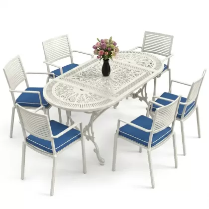 Oval Masa E:75 x D:150 x Y:72 cm 6 Kişilik modern alüminyum döküm masa ve sandalye takımı beyaz