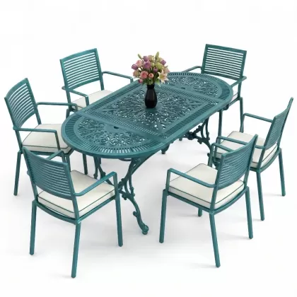 Oval Masa E:75 x D:150 x Y:72 cm 6 Kişilik modern alüminyum döküm masa ve sandalye takımı turkuaz