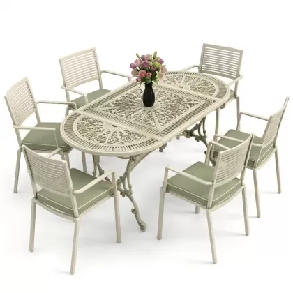 Oval Masa E:75 x D:150 x Y:72 cm 6 Kişilik modern alüminyum döküm masa ve sandalye takımı yeşil patina