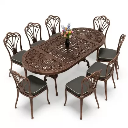 Oval Masa E:100 x D:200 x Y:72 cm 8 Kişilik kolsuz tavuskuşu motif alüminyum döküm masa ve sandalye takımı bakır eskitme