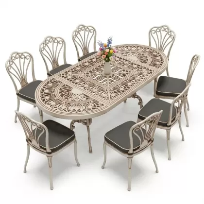 Oval Masa E:100 x D:200 x Y:72 cm 8 Kişilik kolsuz tavuskuşu motif alüminyum döküm masa ve sandalye takımı beyaz eskitme