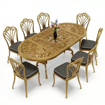 Oval Masa E:100 x D:200 x Y:72 cm 8 Kişilik kolsuz tavuskuşu motif alüminyum döküm masa ve sandalye takımı gold altın