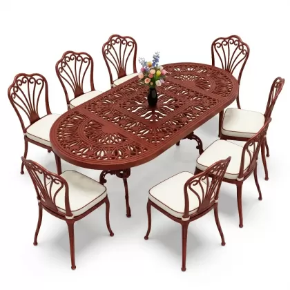 Oval Masa E:100 x D:200 x Y:72 cm 8 Kişilik kolsuz tavuskuşu motif alüminyum döküm masa ve sandalye takımı kırmızı kiremit