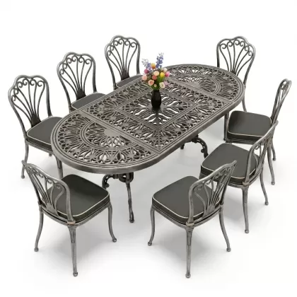 Oval Masa E:100 x D:200 x Y:72 cm 8 Kişilik kolsuz tavuskuşu motif alüminyum döküm masa ve sandalye takımı silver gümüş