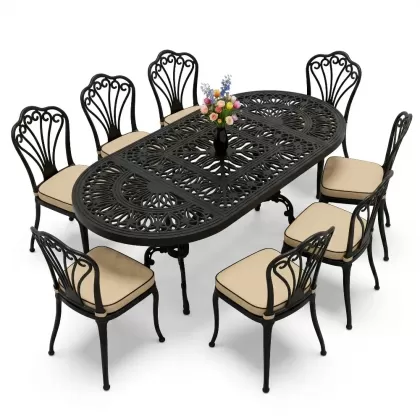 Oval Masa E:100 x D:200 x Y:72 cm 8 Kişilik kolsuz tavuskuşu motif alüminyum döküm masa ve sandalye takımı siyah