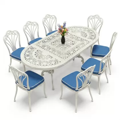 Oval Masa E:100 x D:200 x Y:72 cm 8 Kişilik kolsuz tavuskuşu motif alüminyum döküm masa ve sandalye takımı beyaz