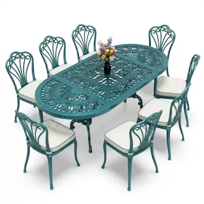 Oval Masa E:100 x D:200 x Y:72 cm 8 Kişilik kolsuz tavuskuşu motif alüminyum döküm masa ve sandalye takımı turkuaz