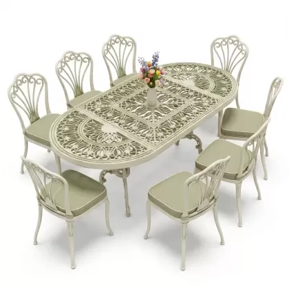 Oval Masa E:100 x D:200 x Y:72 cm 8 Kişilik kolsuz tavuskuşu motif alüminyum döküm masa ve sandalye takımı yeşil patina