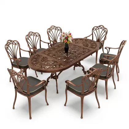 Oval Masa E:100 x D:200 x Y:72 cm 8 Kişilik kollu tavuskuşu motif alüminyum döküm masa ve sandalye takımı bakır eskitme