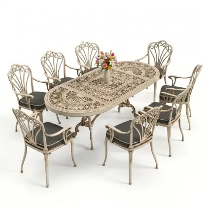 Oval Masa E:100 x D:200 x Y:72 cm 8 Kişilik kollu tavuskuşu motif alüminyum döküm masa ve sandalye takımı beyaz eskitme