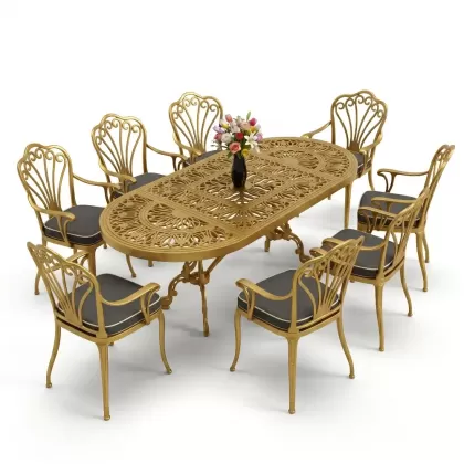 Oval Masa E:100 x D:200 x Y:72 cm 8 Kişilik kollu tavuskuşu motif alüminyum döküm masa ve sandalye takımı gold altın
