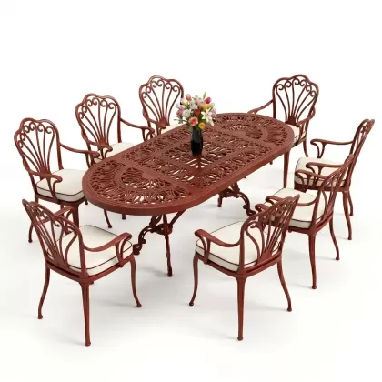 Oval Masa E:100 x D:200 x Y:72 cm 8 Kişilik kollu tavuskuşu motif alüminyum döküm masa ve sandalye takımı kırmızı kiremit