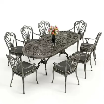 Oval Masa E:100 x D:200 x Y:72 cm 8 Kişilik kollu tavuskuşu motif alüminyum döküm masa ve sandalye takımı gümüş silver