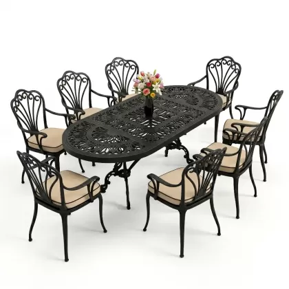 Oval Masa E:100 x D:200 x Y:72 cm 8 Kişilik kollu tavuskuşu motif alüminyum döküm masa ve sandalye takımı siyah