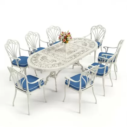 Oval Masa E:100 x D:200 x Y:72 cm 8 Kişilik kollu tavuskuşu motif alüminyum döküm masa ve sandalye takımı beyaz