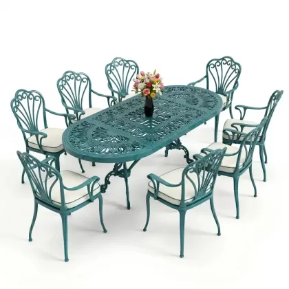 Oval Masa E:100 x D:200 x Y:72 cm 8 Kişilik kollu tavuskuşu motif alüminyum döküm masa ve sandalye takımı turkuaz