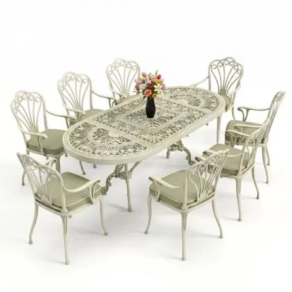 Oval Masa E:100 x D:200 x Y:72 cm 8 Kişilik kollu tavuskuşu motif alüminyum döküm masa ve sandalye takımı yeşil patina