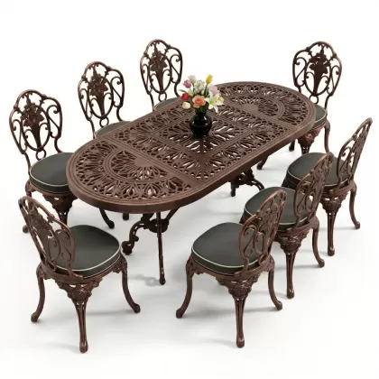 Oval Masa E:100 x D:200 x Y:72 cm 8 Kişilik kolsuz gül figürlü alüminyum döküm masa ve sandalye takımı bakır eskitme