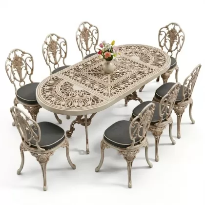 Oval Masa E:100 x D:200 x Y:72 cm 8 Kişilik kolsuz gül figürlü alüminyum döküm masa ve sandalye takımı beyaz eskitme