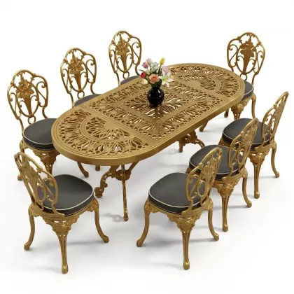 Oval Masa E:100 x D:200 x Y:72 cm 8 Kişilik kolsuz gül figürlü alüminyum döküm masa ve sandalye takımı gold altın