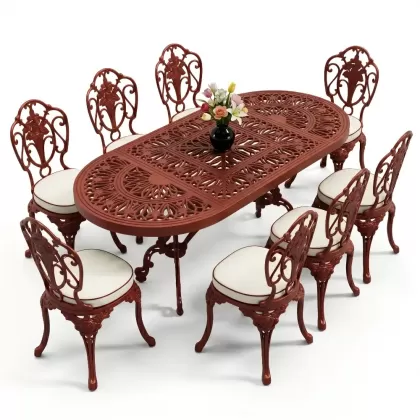 Oval Masa E:100 x D:200 x Y:72 cm 8 Kişilik kolsuz gül figürlü alüminyum döküm masa ve sandalye takımı kırmızı kiremit