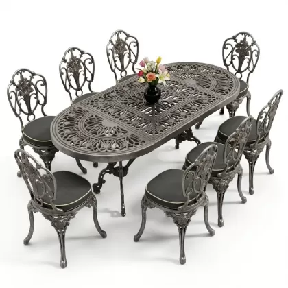 Oval Masa E:100 x D:200 x Y:72 cm 8 Kişilik kolsuz gül figürlü alüminyum döküm masa ve sandalye takımı silver gümüş