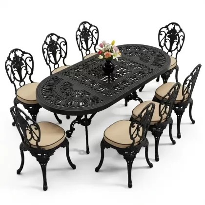 Oval Masa E:100 x D:200 x Y:72 cm 8 Kişilik kolsuz gül figürlü alüminyum döküm masa ve sandalye takımı siyah
