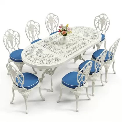 Oval Masa E:100 x D:200 x Y:72 cm 8 Kişilik kolsuz gül figürlü alüminyum döküm masa ve sandalye takımı beyaz