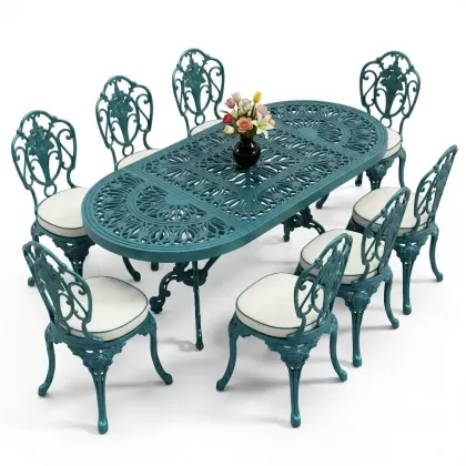 Oval Masa E:100 x D:200 x Y:72 cm 8 Kişilik kolsuz gül figürlü alüminyum döküm masa ve sandalye takımı turkuaz