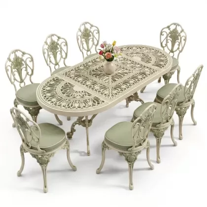 Oval Masa E:100 x D:200 x Y:72 cm 8 Kişilik kolsuz gül figürlü alüminyum döküm masa ve sandalye takımı yeşil patina