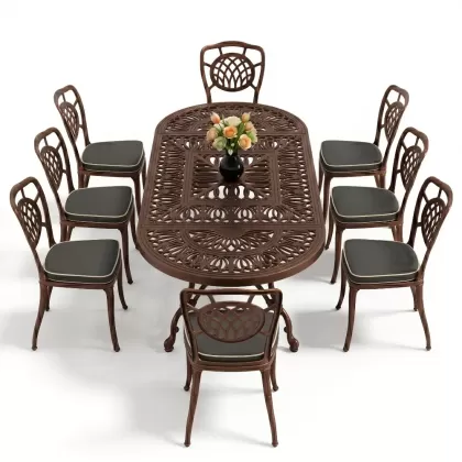 Oval Masa E:100 x D:200 x Y:72 cm 8 Kişilik kolsuz ay figürlü alüminyum döküm masa ve sandalye takımı bakır eskitme