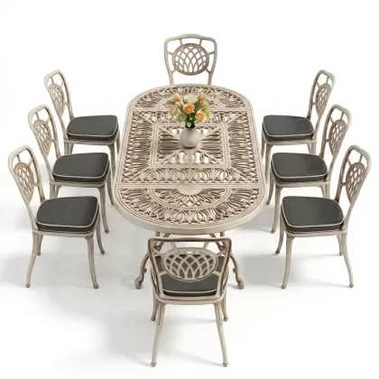 Oval Masa E:100 x D:200 x Y:72 cm 8 Kişilik kolsuz ay figürlü alüminyum döküm masa ve sandalye takımı beyaz eskitme