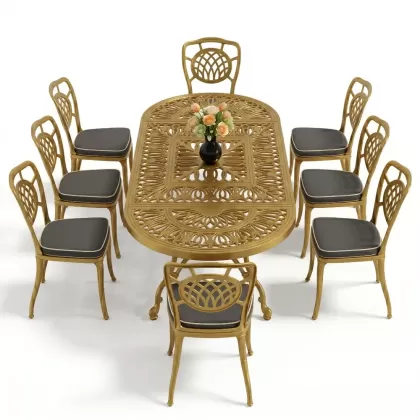 Oval Masa E:100 x D:200 x Y:72 cm 8 Kişilik kolsuz ay figürlü alüminyum döküm masa ve sandalye takımı gold altın