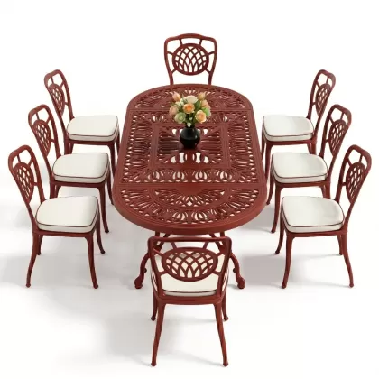 Oval Masa E:100 x D:200 x Y:72 cm 8 Kişilik kolsuz ay figürlü alüminyum döküm masa ve sandalye takımı kiremit kırmızı