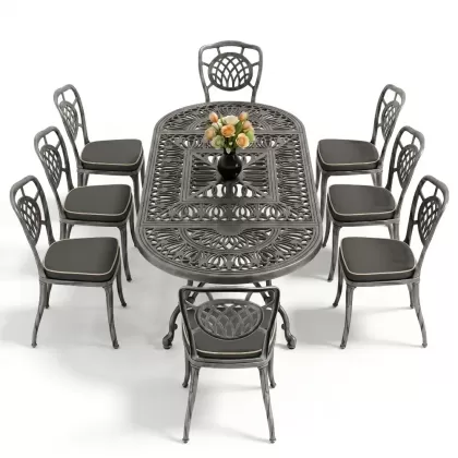 Oval Masa E:100 x D:200 x Y:72 cm 8 Kişilik kolsuz ay figürlü alüminyum döküm masa ve sandalye takımı silver gümüş