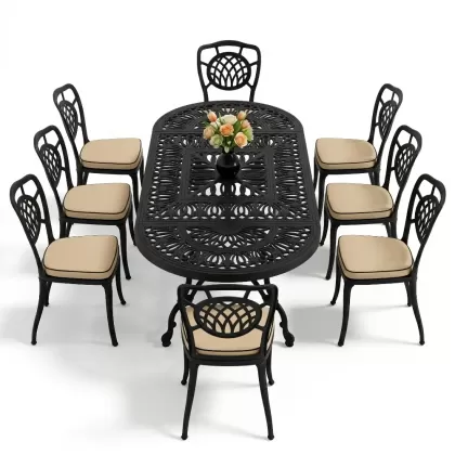 Oval Masa E:100 x D:200 x Y:72 cm 8 Kişilik kolsuz ay figürlü alüminyum döküm masa ve sandalye takımı siyah