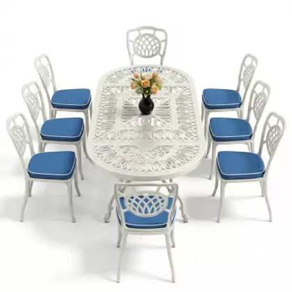 Oval Masa E:100 x D:200 x Y:72 cm 8 Kişilik kolsuz ay figürlü alüminyum döküm masa ve sandalye takımı beyaz