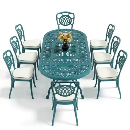 Oval Masa E:100 x D:200 x Y:72 cm 8 Kişilik kolsuz ay figürlü alüminyum döküm masa ve sandalye takımı turkuaz