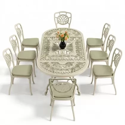 Oval Masa E:100 x D:200 x Y:72 cm 8 Kişilik kolsuz ay figürlü alüminyum döküm masa ve sandalye takımı yeşil patina