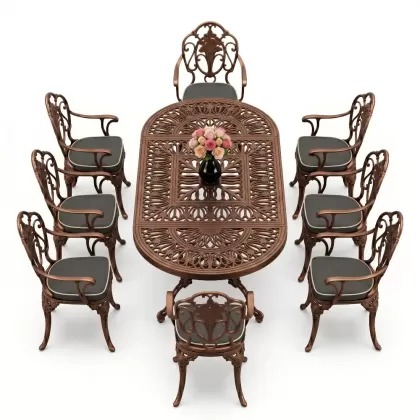 Oval Masa E:100 x D:200 x Y:72 cm 8 Kişilik güllü, kollu alüminyum döküm masa ve sandalye takımı bakır eskitme