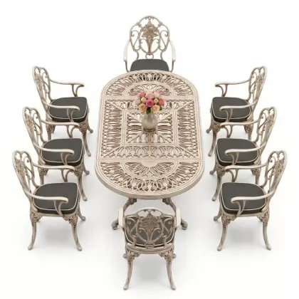 Oval Masa E:100 x D:200 x Y:72 cm 8 Kişilik güllü, kollu alüminyum döküm masa ve sandalye takımı beyaz eskitme