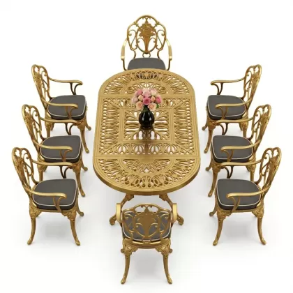 Oval Masa E:100 x D:200 x Y:72 cm 8 Kişilik güllü, kollu alüminyum döküm masa ve sandalye takımı gold altın