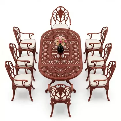 Oval Masa E:100 x D:200 x Y:72 cm 8 Kişilik güllü, kollu alüminyum döküm masa ve sandalye takımı kırmızı kiremit